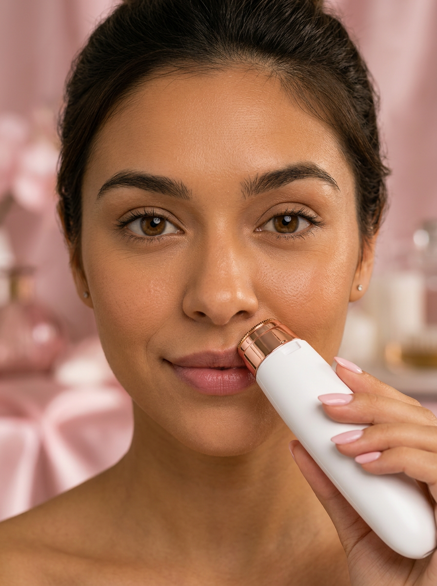Mujer usando Touch Up en el rostro